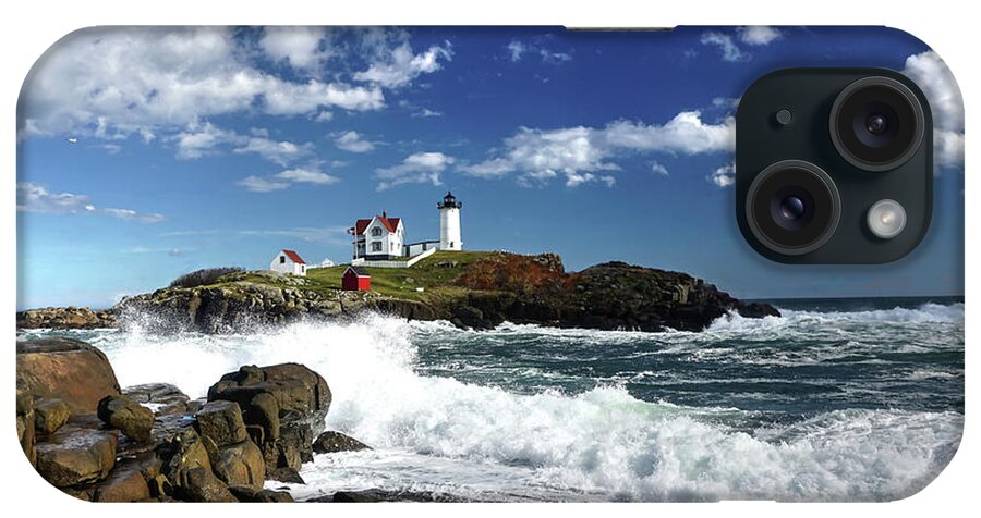 York Maine Nubble Lighthouse Surf Ocean Waves Seascape iPhone Case featuring the photograph High Surf at Nubble Light by Wayne Marshall Chase