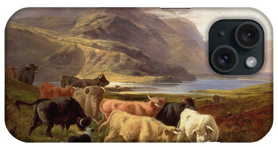 Highland Cattle With A Collie iPhone Case featuring the painting Highland Cattle with a Collie by Joseph Adam