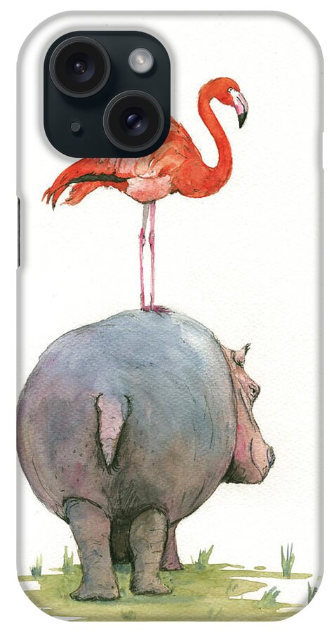 Hippo Art iPhone Case featuring the painting Hippo with flamingo by Juan Bosco