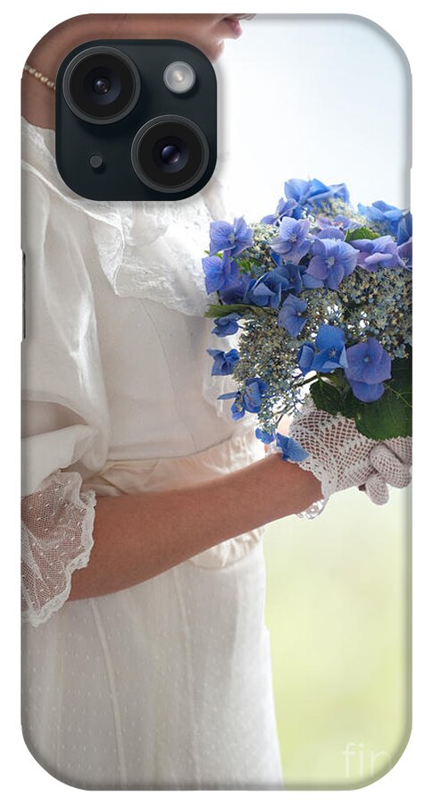 Edwardian iPhone Case featuring the photograph Historical Woman Holding A Bouquet Of Hydrangea by Lee Avison