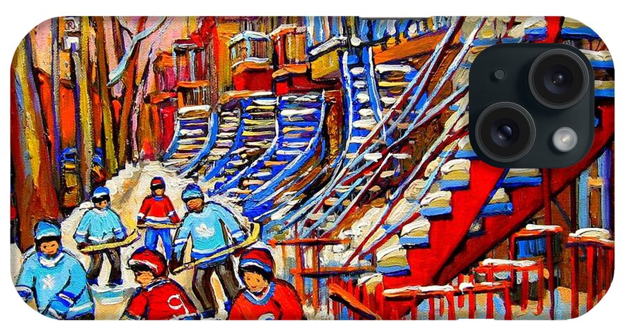 Montreal City iPhone Case featuring the painting Hockey Game Near The Red Staircase by Carole Spandau