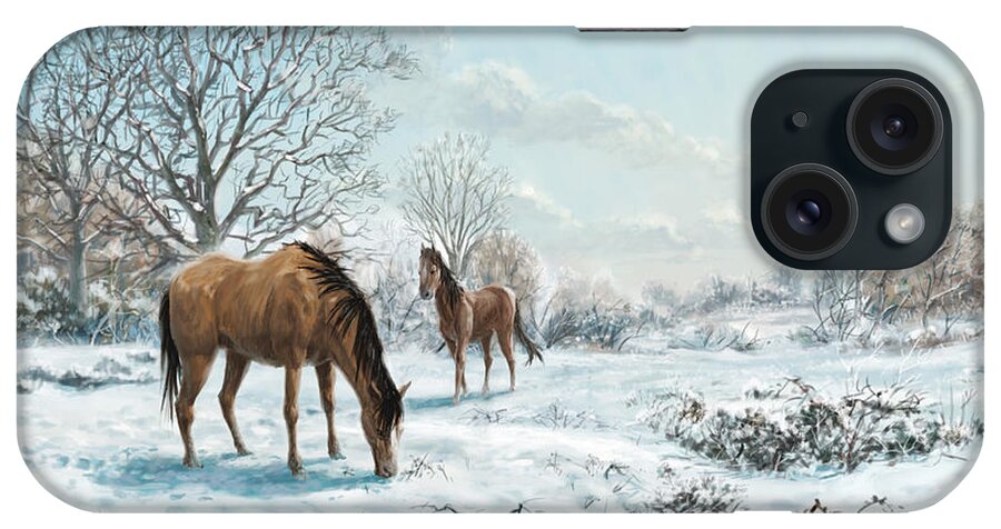 Horse iPhone Case featuring the digital art Horses in Countryside Snow by Martin Davey