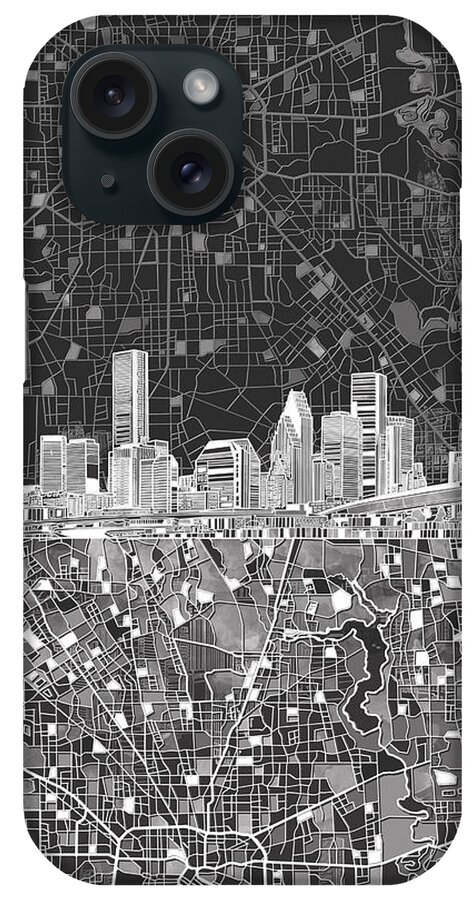 Houston iPhone Case featuring the painting Houston Skyline Map Black And White by Bekim M
