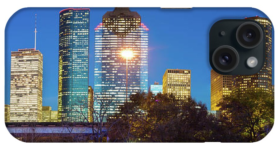 Houston Skyline iPhone Case featuring the photograph Houston Texas Skyline at Dusk - Panoramic Cityscape Image by Gregory Ballos