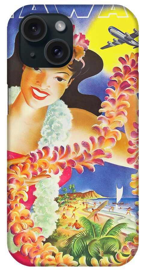 Hula Girl iPhone Case featuring the painting Hula Girl with exotic flower wreath, airline vintage poster by Long Shot