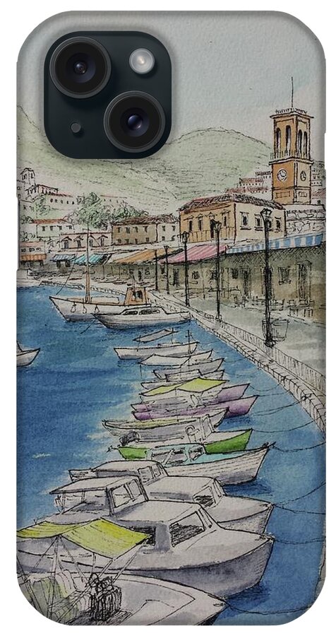 Harbor iPhone Case featuring the painting Hydra Clock Tower by Vic Delnore