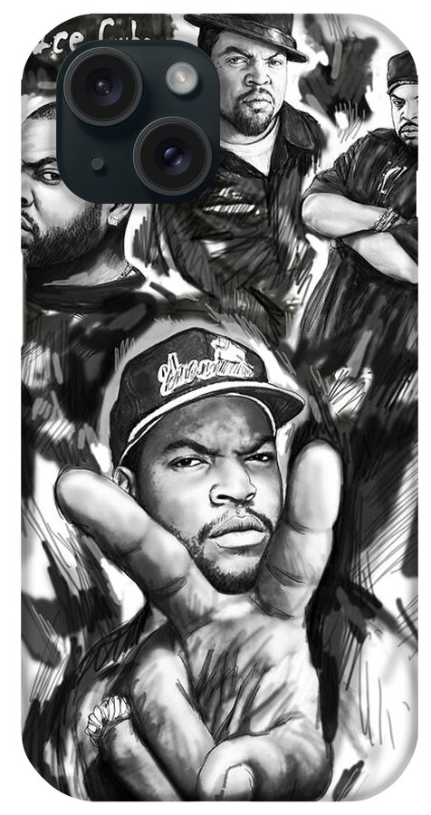 Ice Cube Art Drawing Sketch Poster iPhone Case featuring the drawing Ice Cube blackwhite group art drawing poster by Kim Wang