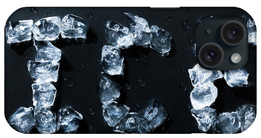 Letters iPhone Case featuring the photograph Ice written with ice cubes on dark background by Simon Bratt