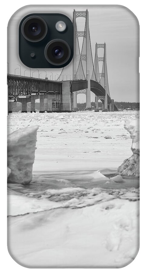 John Mcgraw iPhone Case featuring the photograph Icy Black and White Mackinac Bridge by John McGraw
