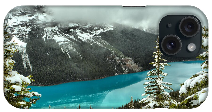 Peyto Lake Fog iPhone Case featuring the photograph Icy Blue Reflections Through The Trees by Adam Jewell