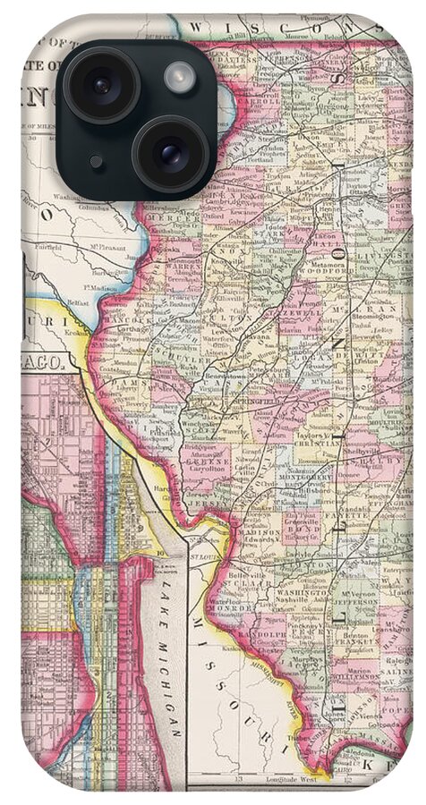 Illinois iPhone Case featuring the digital art Illinois 1800s Historical Map Color by Toby McGuire