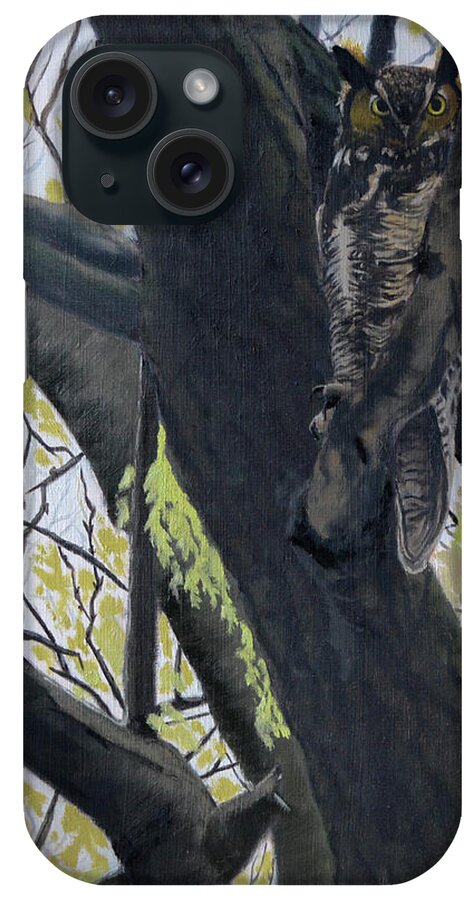 Great Horned Owl iPhone Case featuring the painting In the shadow-Ojibway great horn owl by Wade Clark