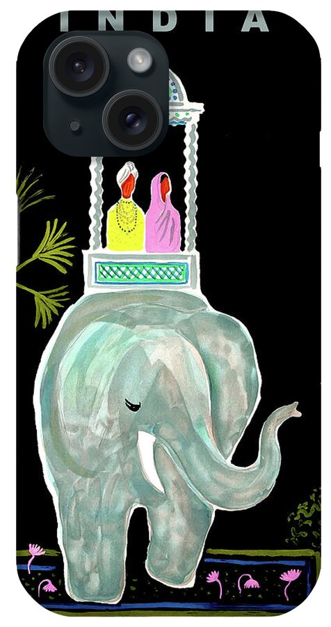 India iPhone Case featuring the painting India, romantic elephant ride, vintage travel poster by Long Shot
