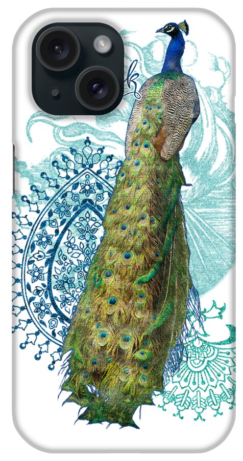 Peacock iPhone Case featuring the mixed media Indian Peacock Henna Design Paisley Swirls by Audrey Jeanne Roberts