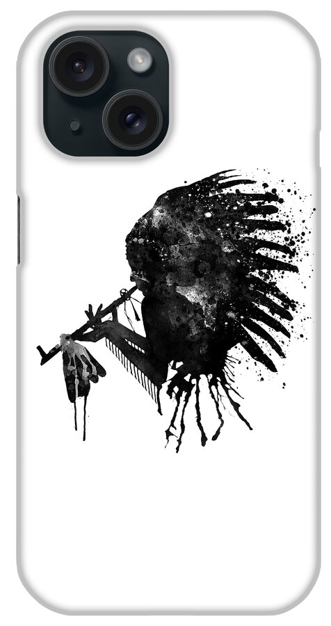 Indian iPhone Case featuring the painting Indian with Headdress Black and White Silhouette by Marian Voicu