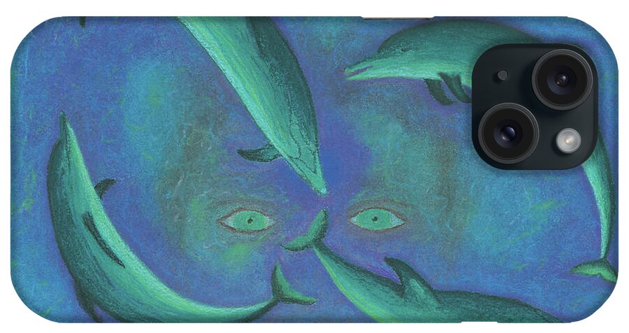 Dolphins iPhone Case featuring the pastel Infinity 4 Third Eye by Anne Katzeff