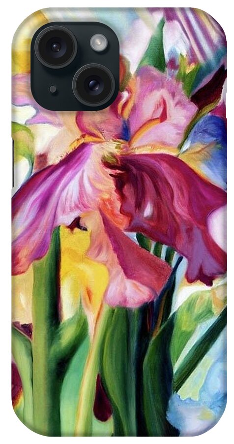 Shades Of Pink iPhone Case featuring the painting Iris Garden by Sherri Dauphinais