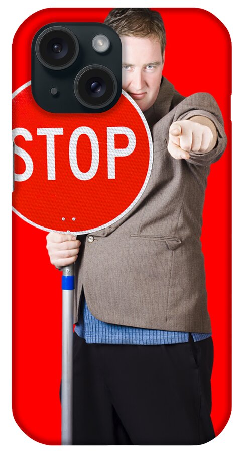 Stop iPhone Case featuring the photograph Isolated man holding red traffic stop sign by Jorgo Photography