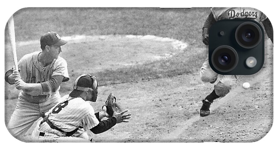 Jackie Robinson Stealing Home Plate With Yogi Berra Catching In 8th Inning Of 1st Game In World Series 1955 iPhone Case featuring the photograph Jackie robinson stealing home Yogi Berra catcher in 1st game 1955 world series by David Lee Guss