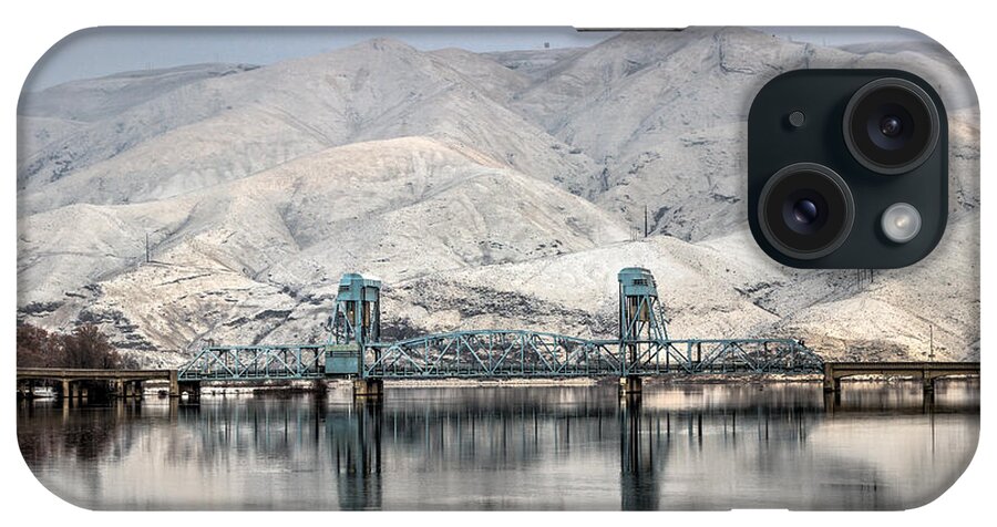 Lewiston Idaho Id Clarkston Washington Wa Lc-valley Lc Valley Pacific Northwest Lewis Clark Landscape Palouse Winter January Cold December Snake River Icy Snow Reflection Calm Water Hill Mountain Interstate Confluence White Frosty Frost Nice Beautiful Popular iPhone Case featuring the photograph January Blue Bridge by Brad Stinson