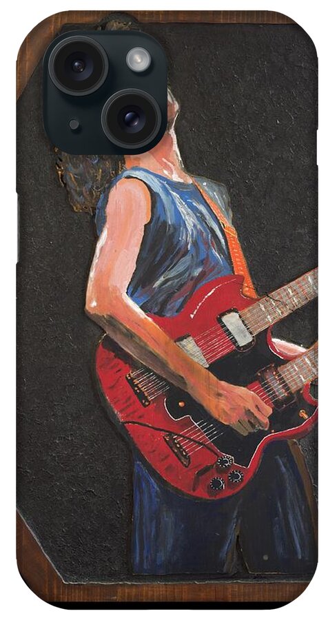 Wood Work iPhone Case featuring the painting Jimmy Page and his Double Neck Guitar by Bruce Schmalfuss