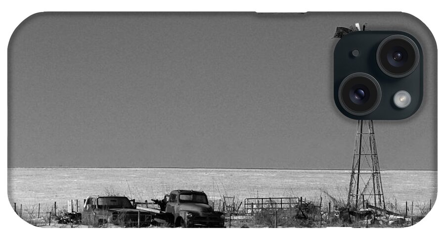 Farm Winter Junk Old Truck Trucks Windmill Black White Monochrome iPhone Case featuring the photograph Junk Out Back 4984 by Ken DePue