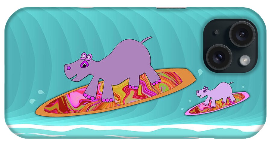 Hippo iPhone Case featuring the digital art Hippos Surfing - Family Day Out by Barefoot Bodeez Art