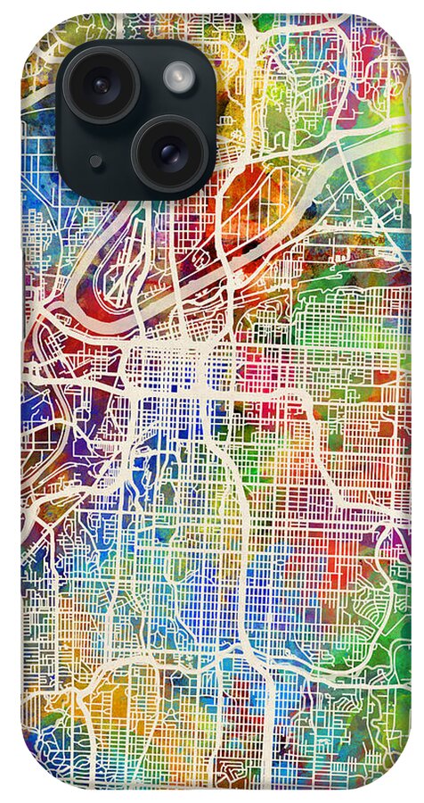 Kansas City iPhone Case featuring the digital art Kansas City Missouri City Map by Michael Tompsett