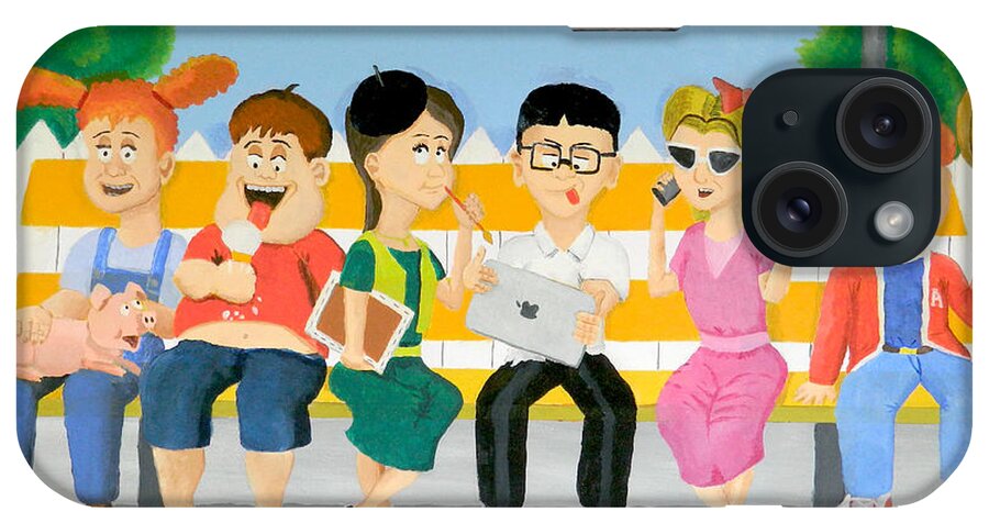 Kids At The Bus Stop iPhone Case featuring the painting Kids At The Bus Stop by Winton Bochanowicz