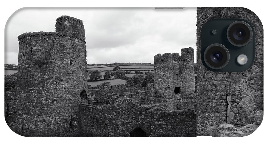 Castle Ramparts Norman Stone Towers Black And White Kidwelly 1106 Building Fortifications Wales iPhone Case featuring the photograph Kidwelly Castle Black and White by Jeff Townsend