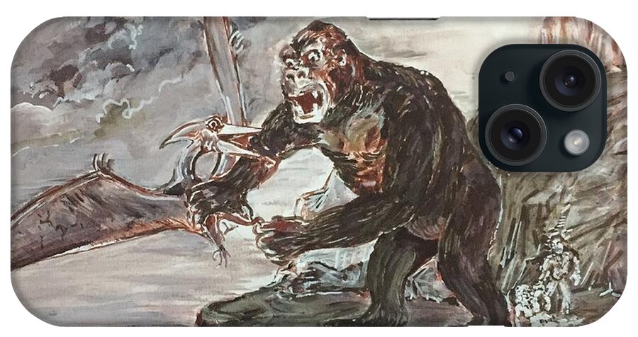 King Kong 1933 Bruce Cabot Robert Armstrong Fay Wray Creature Features Rko Radio Pictures Silver Screen iPhone Case featuring the painting King Kong - Pterodactyl Attack by Jonathan Morrill