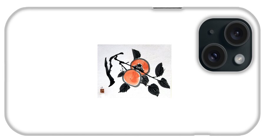 Japanese iPhone Case featuring the painting Kissing Persimmons by Fumiyo Yoshikawa