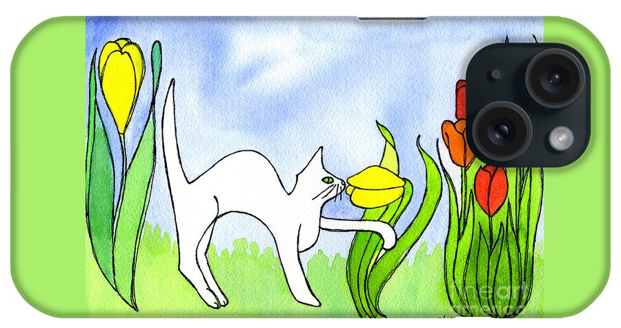 Cat iPhone Case featuring the painting Kitty Sniffing Tulips by Norma Appleton