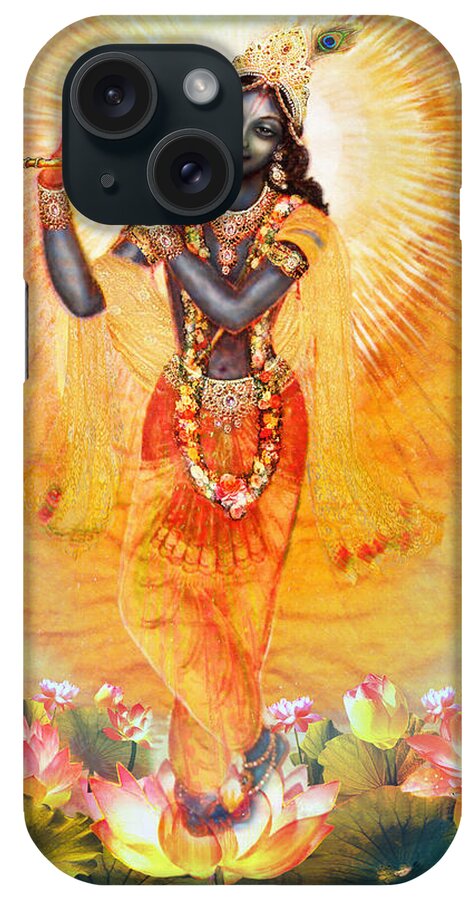 Krishna iPhone Case featuring the mixed media Krishna with the Flute by Ananda Vdovic