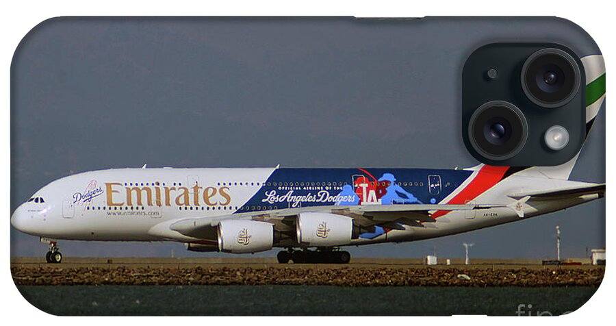 La Dodgers iPhone Case featuring the photograph LA Dodgers A380 ready for take-off at SFO by Wernher Krutein