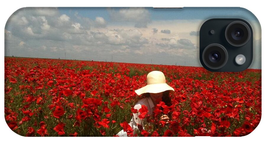 Red Poppies Field iPhone Case featuring the painting Lady and Red Poppies by Georgeta Blanaru