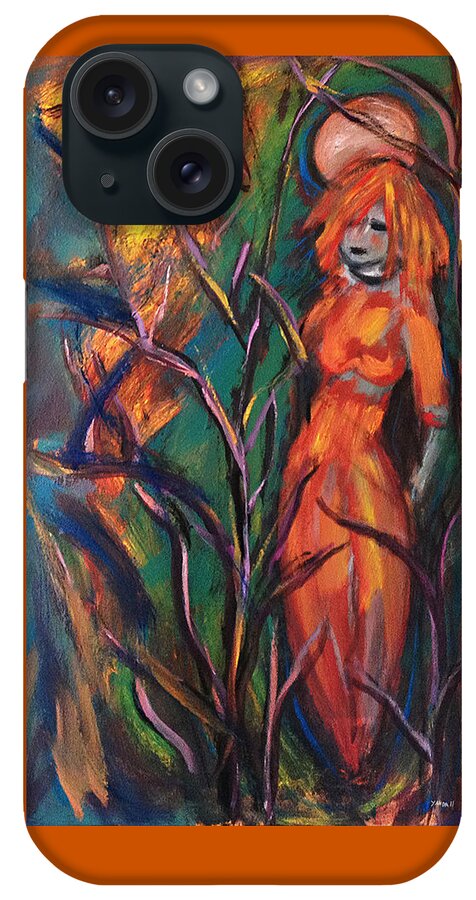 Katt Yanda Original Art Landscape Oil Painting Lady Moon Trees Branch Orange Dress Hair iPhone Case featuring the painting Lady of the Moon by Katt Yanda