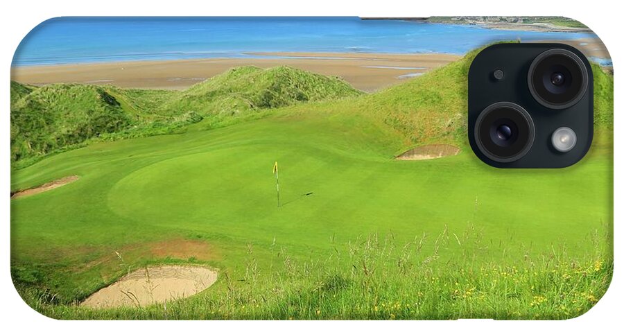 Image Photo Photograph Shot Picture Ireland West Coast Lahinch Golf Course Links Hole Number Eight 8 Par 3 Three Beach Grass Dunes Large Bunkers Sand Gorse Wind Green Pin Flag Club County Clare Sea Atlantic Beach Cove Bay Valley Print Prints Fine Art Arts Irish Open 2019 Birdie Camera Above iPhone Case featuring the photograph Lahinch Golf Club - Hole #8 - Dune by Scott Carda