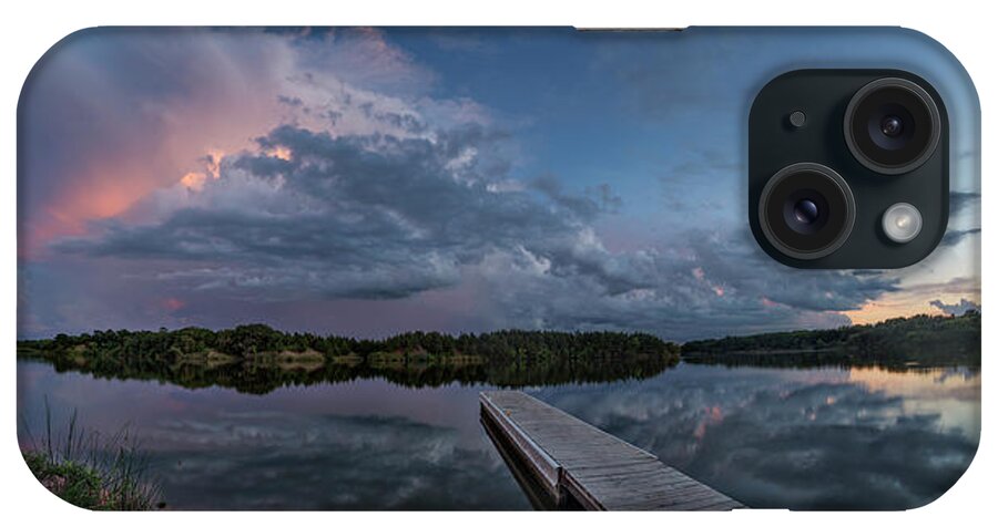 Sunset Reflection Usa 500px Lightning Top Weather Thunderstorm Panoramic Thunder Dock Epic Best Rare Severe Cloud Formation Amazing Light 16-35mm F/2.8 L Ii Lake Alvin Lake Panorama Supercell South Dakota Canon Eos 6d Aaron Groen Its Amazing Out There Homegroen Photography Dangerous Storm Accuweather 18 Frame Panorama iPhone Case featuring the photograph Lake Alvin Supercell by Aaron J Groen