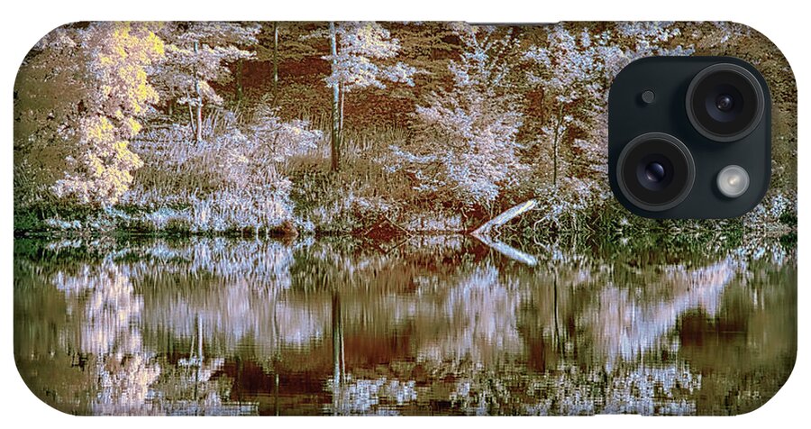 Needwood iPhone Case featuring the photograph Lake reflection IR faux color by Izet Kapetanovic