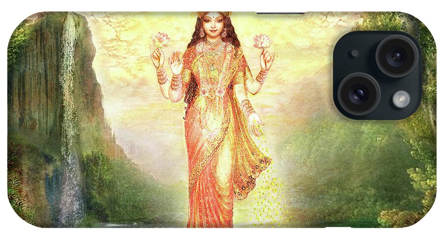 Devi iPhone Case featuring the mixed media Lakshmi with the Waterfall 2 by Ananda Vdovic