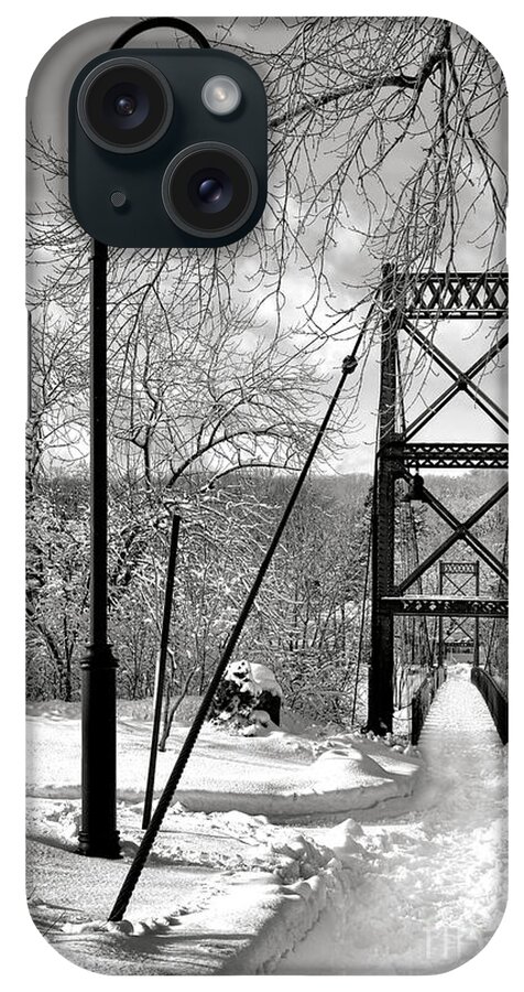 Androscoggin iPhone Case featuring the photograph Lamppost and Androscoggin Swinging Bridge in Winter by Olivier Le Queinec