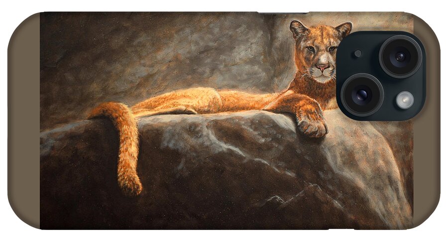 Cougar iPhone Case featuring the painting Laying Cougar by Linda Merchant