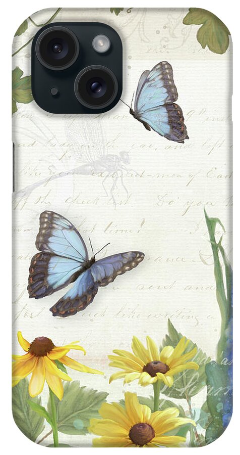 Le Petit Jardin iPhone Case featuring the painting Le Petit Jardin 1 - Garden Floral w Butterflies, Dragonflies, Daisies and Delphinium by Audrey Jeanne Roberts
