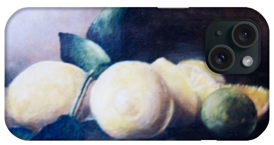 Fruit iPhone Case featuring the painting Lemons and a lime by Megan Walsh