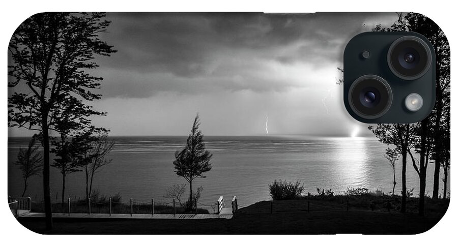 Landscapes iPhone Case featuring the photograph Lightning on Lake Michigan at Night in BW by Mary Lee Dereske