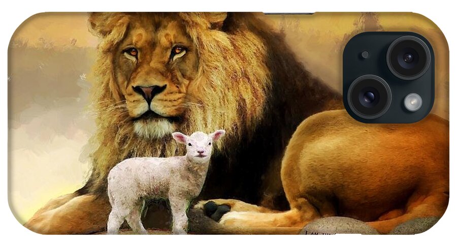 Lion And The Lamb iPhone Case featuring the mixed media Lion and the lamb by Carl Gouveia