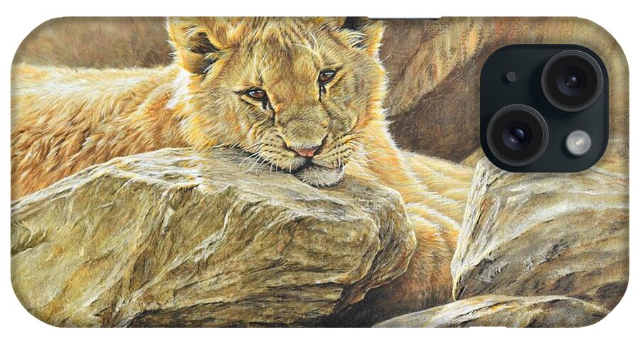 Wildlife Paintings iPhone Case featuring the painting Lion Cub Study by Alan M Hunt
