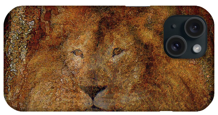 Lion; Judah; Prophetic; Art; Tribe; Jesus; Christ; Royal; Majestic; Fierce; Courage; Revelation; Square; Rock; Glory; Zion; Of; Gold; Red; Orange; Auburn; Russet; Autumn; Colors; Abstract; Transparent; Canvas; Print; Constance; Woods; Texas; Identity; Destiny; Hebrew; Israel; Jewish; Image; Spiritual; Christian; Artist;  iPhone Case featuring the digital art Lion Of Judah square by Constance Woods