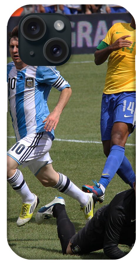 Action iPhone Case featuring the photograph Lionel Messi Beats Rafael Cabral by Lee Dos Santos